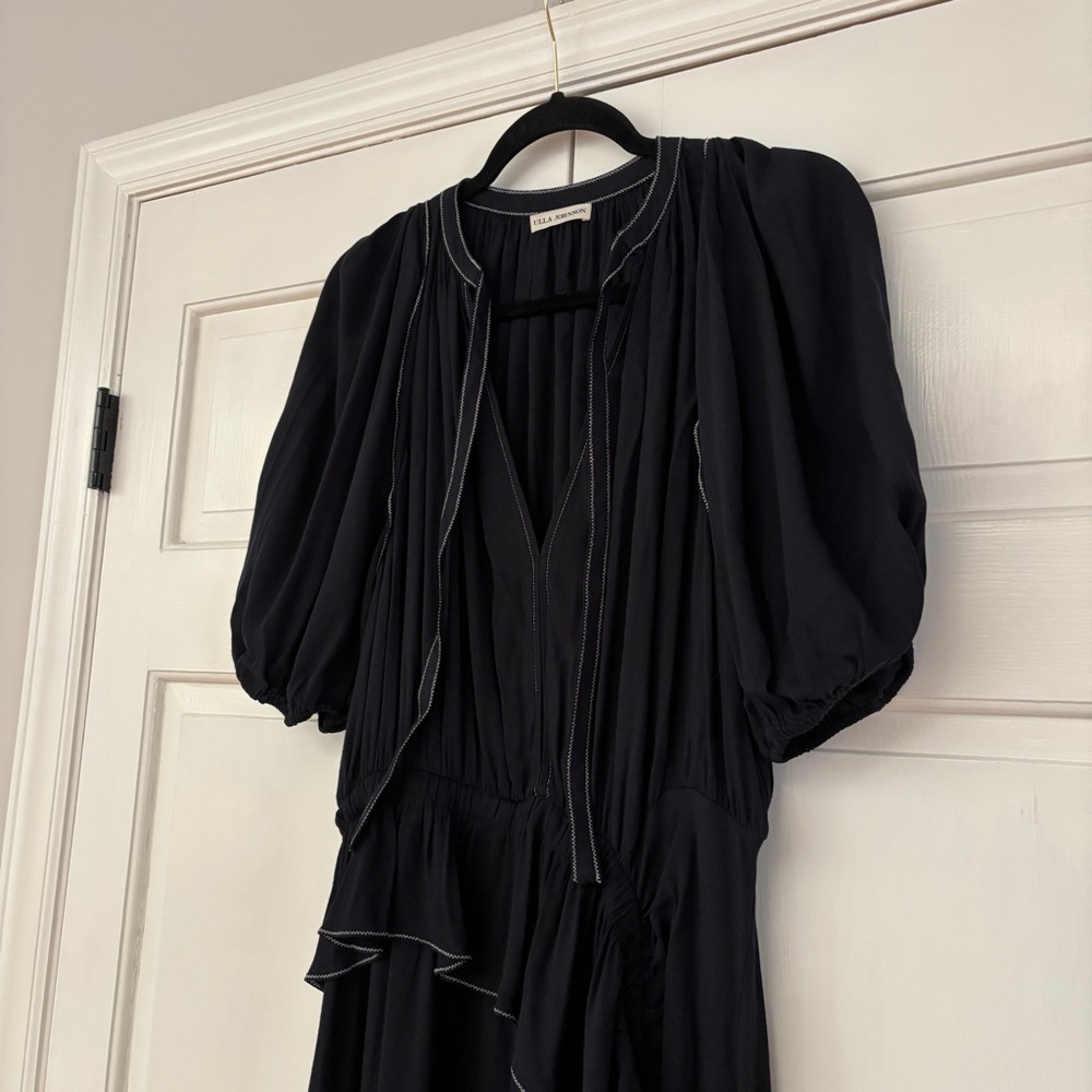 Ulla Johnson Leah Dress Noir Black Midi Puff Sleeve Contrast Trim Size 10 Tie‎ - Picture 8 of 16